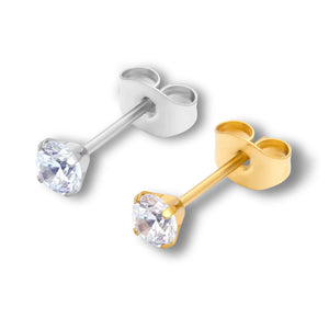 Par de brincos ponto de luz de aço cirúrgico prateado e dourado com zircônia cravada sobre fundo branco