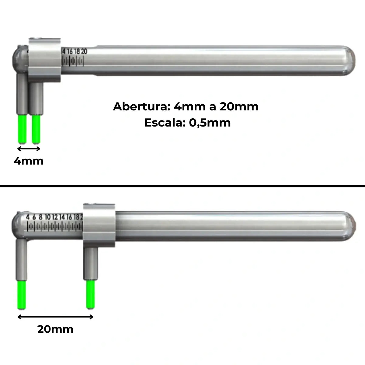Especificações técnicas do piercímetro mostrando abertura de 4mm a 20mm e escala de precisão de 0,5mm