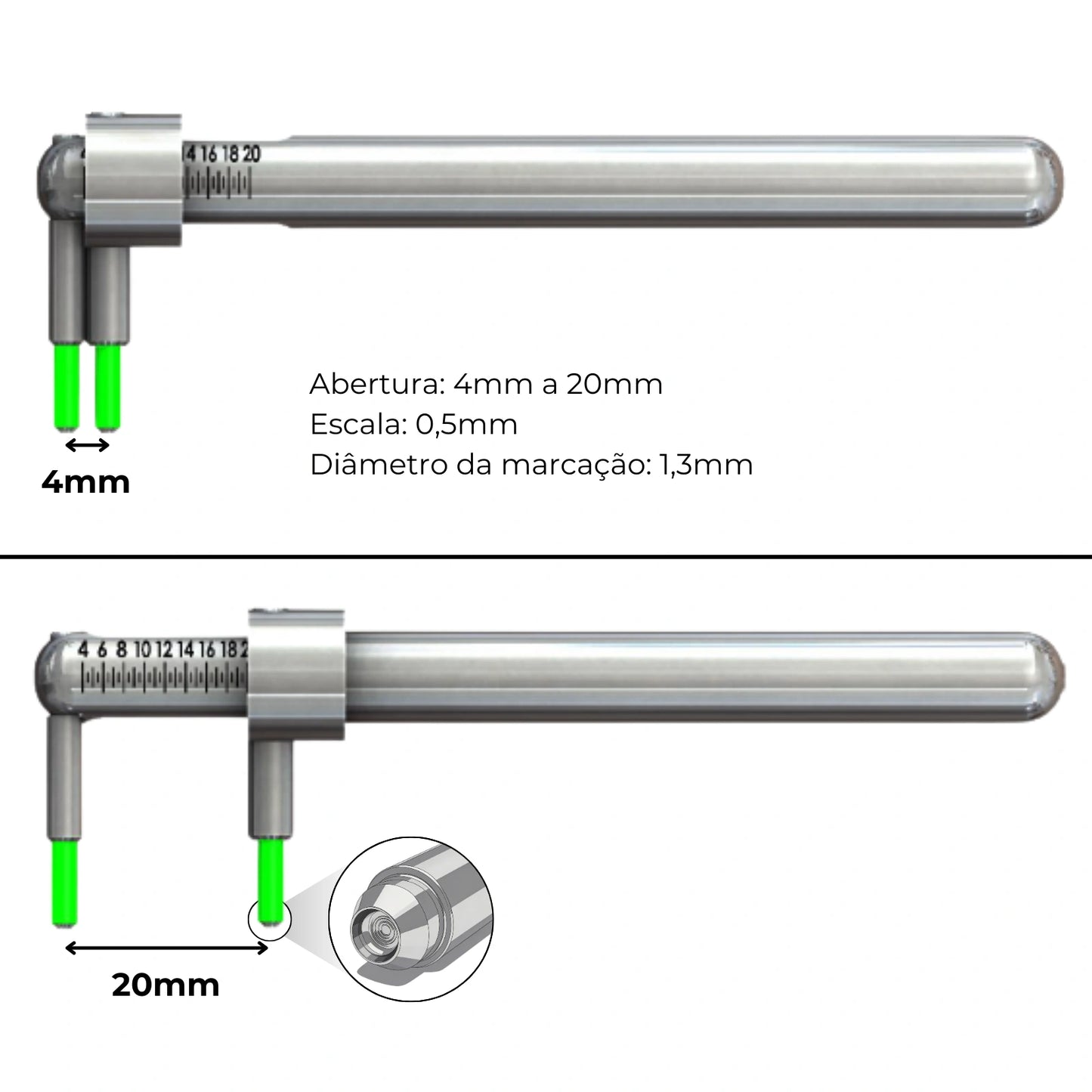 Infográfico do piercímetro com escala de 0,5 mm e marcação esférica de 1,3 mm de diâmetro