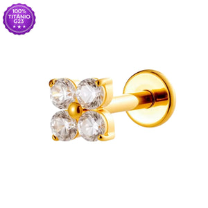 Piercing Labret Flor dourado com 4 zircônias