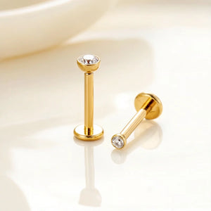 Piercing labret Push Pin em Titânio G23 nas cores dourado e prateado com ponto de luz