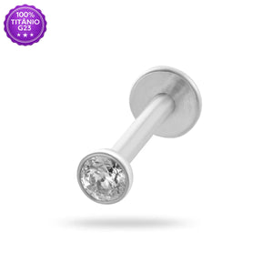 Piercing labret ponto de luz prateado em Titânio G23 com zircônia e haste Push Pin