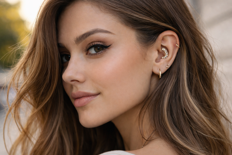O piercing mais notável está na cartilagem (possivelmente o daith, rook, ou hélix), apresentando uma joia em formato de lua crescente ou arco, cravejada de pequenas pedras (cristais ou diamantes).