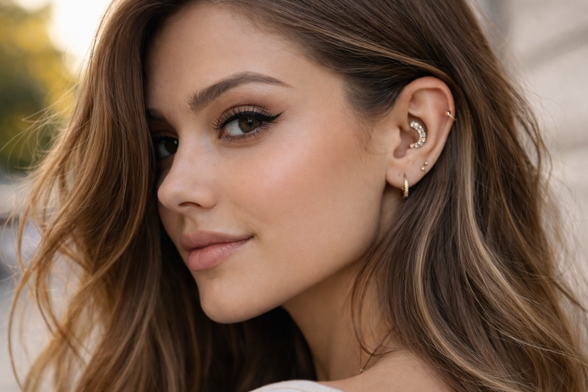 Mulher com piercing daith na cartilagem interna da orelha — perfuração associada ao alívio de enxaqueca