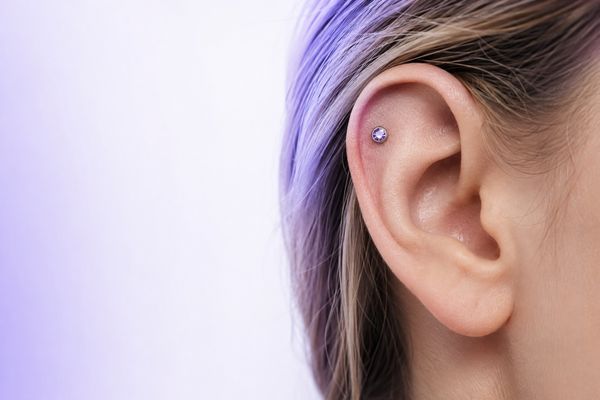 Piercing flat de base plana com topo de zircônia na cartilagem superior da orelha, em titânio polido