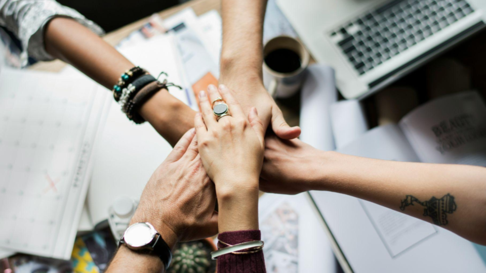 Esta imagem captura um momento de união e colaboração entre um grupo de pessoas em um ambiente de trabalho criativo.