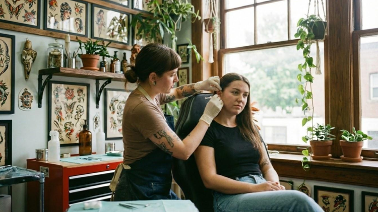Uma profissional de avental e luvas brancas realiza um procedimento de piercing na orelha de uma cliente em um estúdio decorado com artes de tatuagem e plantas.