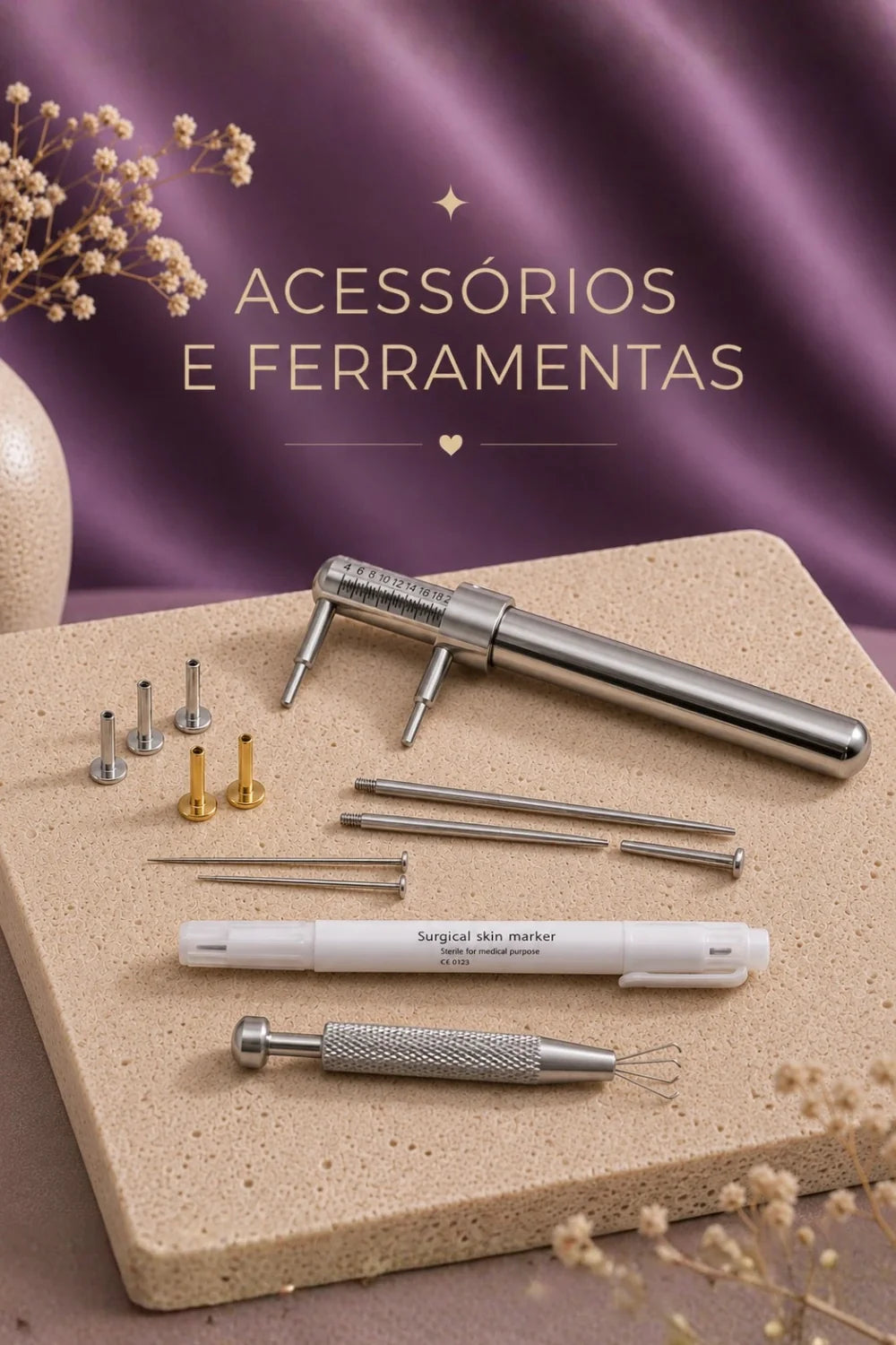 Alicate de piercing e peças de reposição para piercing como bolinhas, barras curvas e hastes de labret com rosca interna e rosca externa.