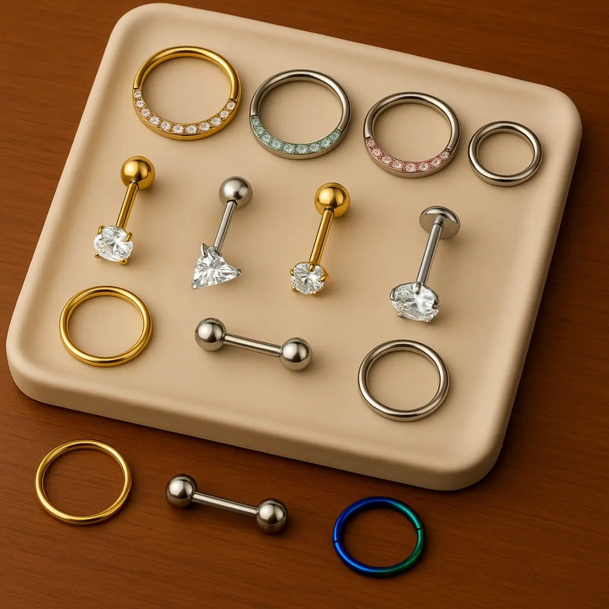 Piercings em aço cirúrgico 316L em diferentes formatos — exposição de joias profissionais