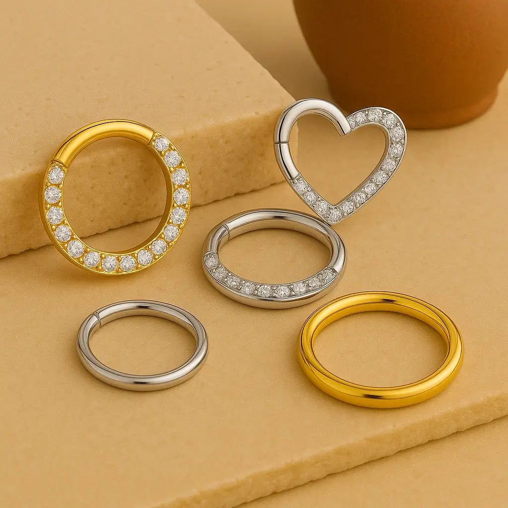 Piercings modelo argola dispostos sobre chão de pedra, com foco nos detalhes das joias