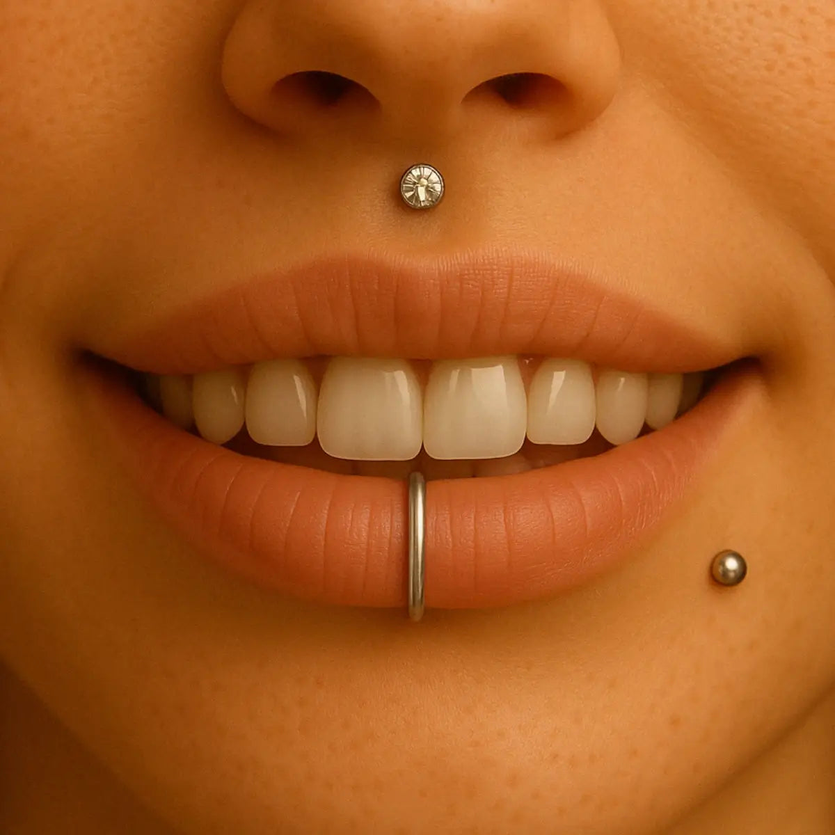 Boca sorrindo com piercing agola no lábio, ponto de luz abaixo do nariz e piercing monroe ao lado esquerdo