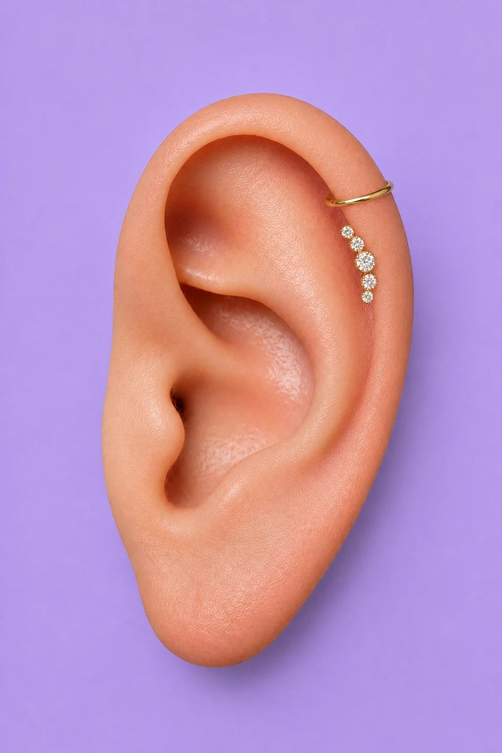 Orelha de perfil com piercing helix e argola, modelo de piercing profissional