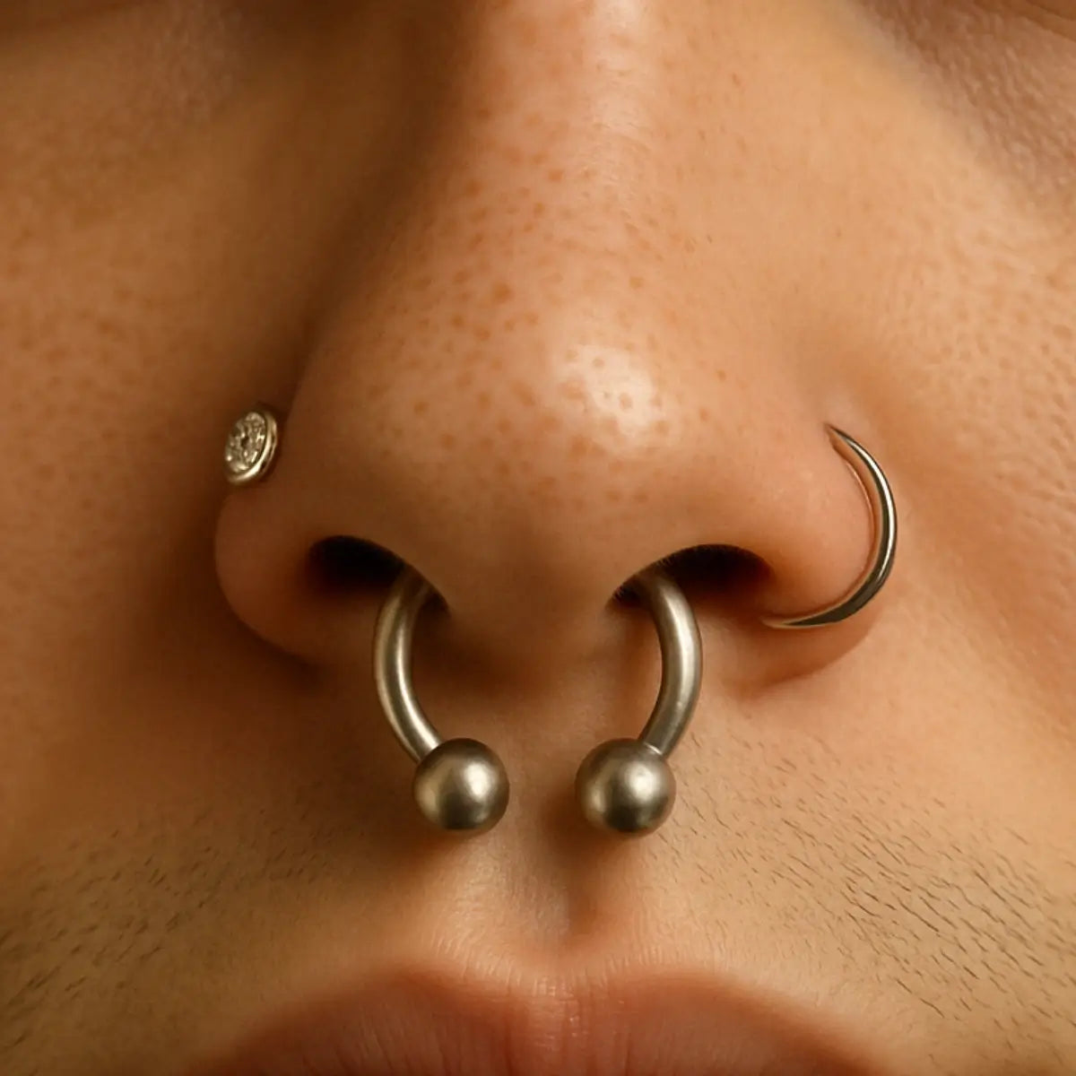 Piercings para nariz: modelo masculino com ferradura no septo, argola na lateral esquerda e ponto de luz na lateral direita.