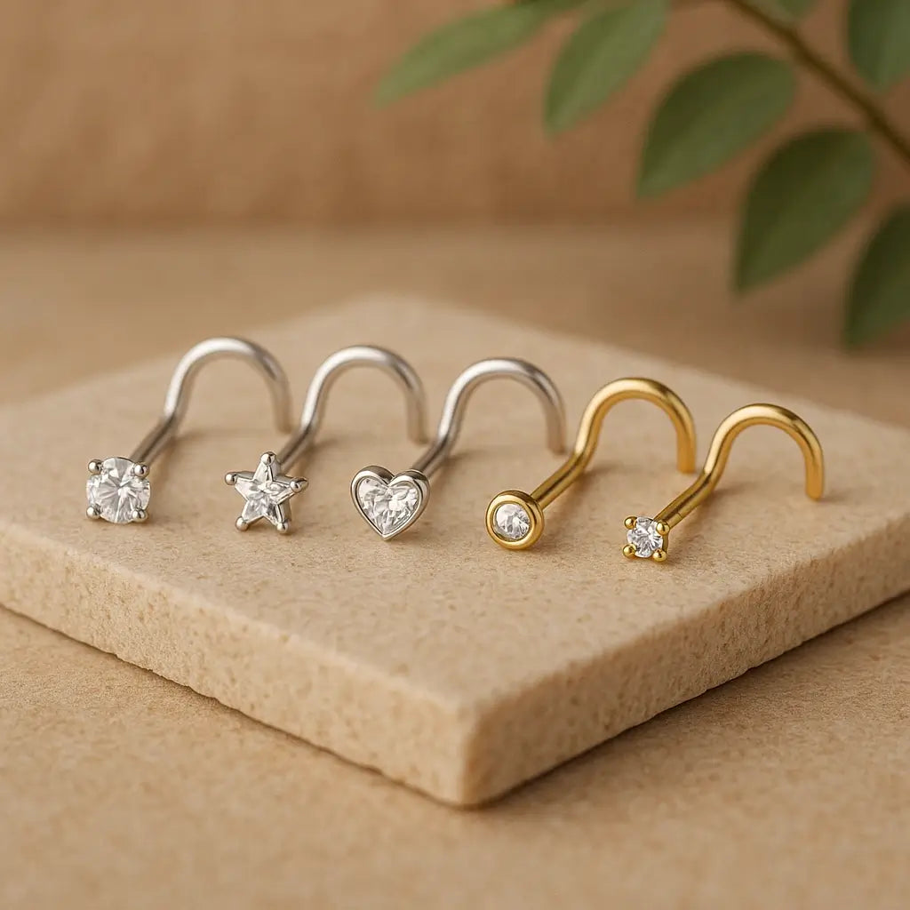 Piercing nostril em titânio G23, exposto sobre pedra. Versões em prata e dourado com pedras de zircônia em diferentes tamanhos.
