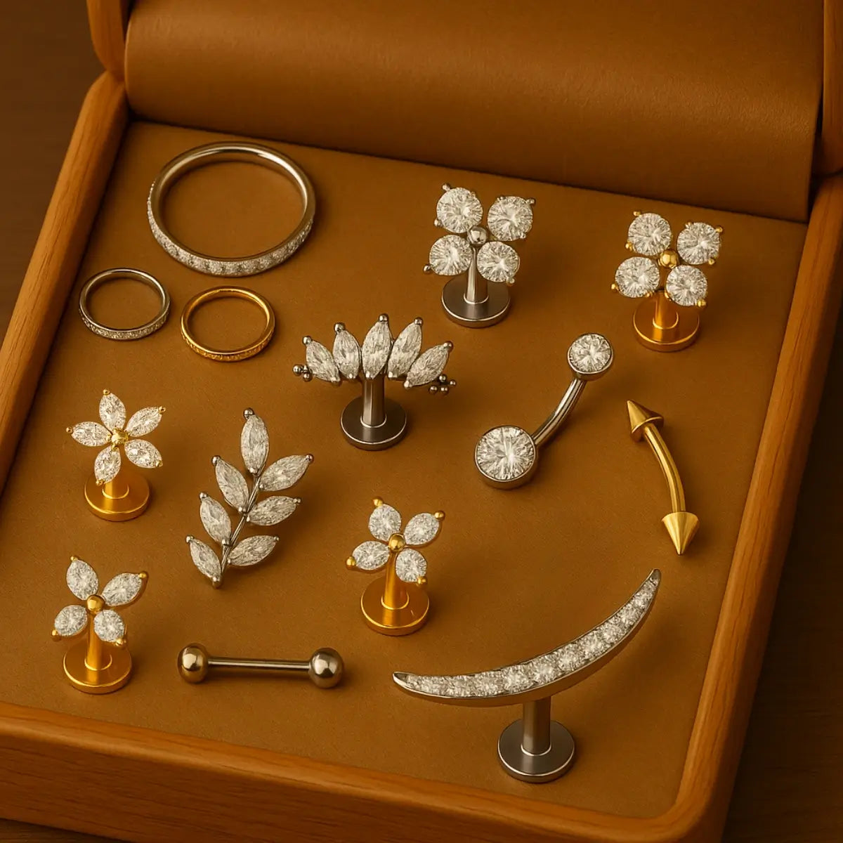 Piercings em titânio G23 em exposição profissional. Modelos variados com acabamento premium.