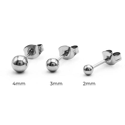 Brincos metálicos de aço cirúrgico cor prata formato bolinha em três tamanhos 4mm 3mm e 2mm