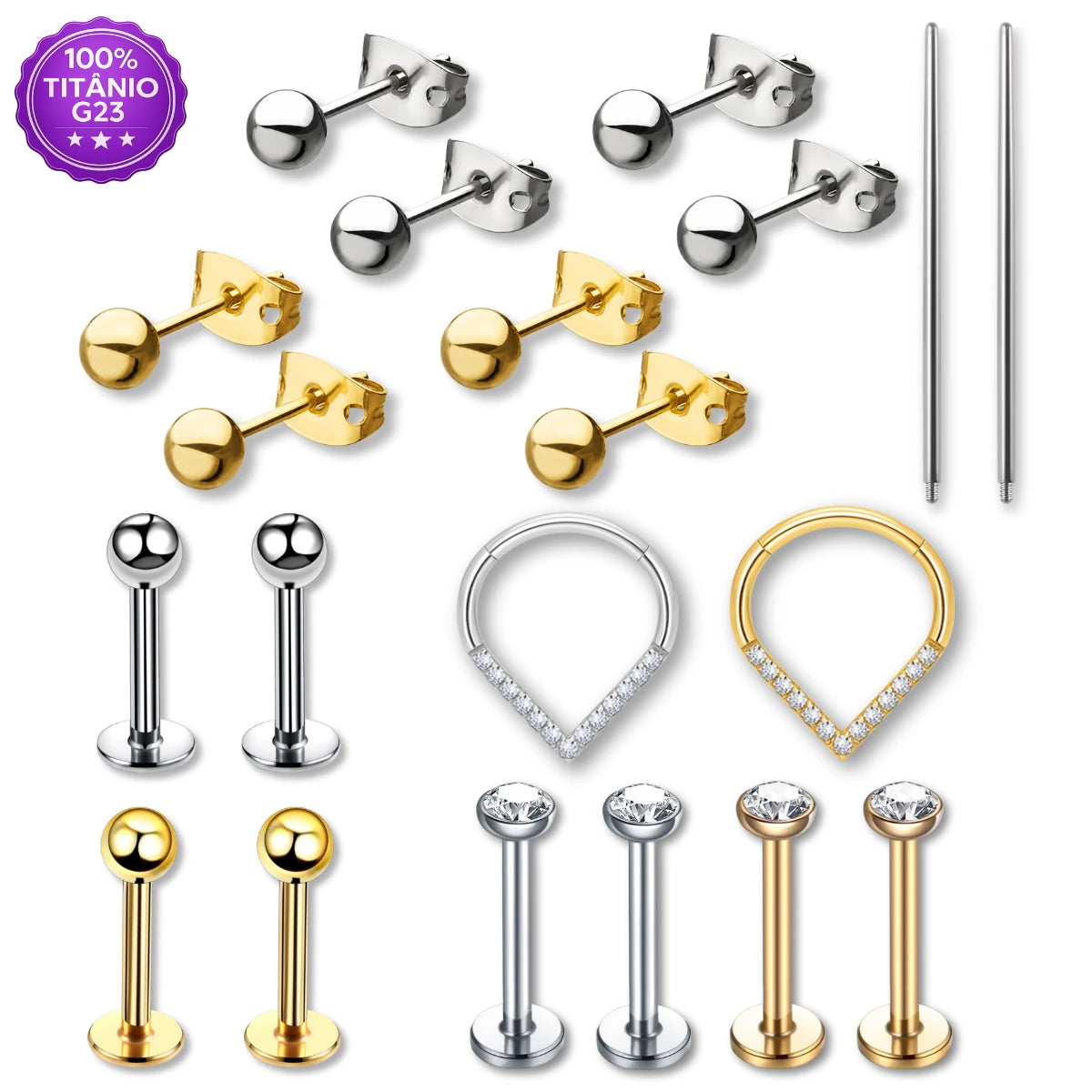 Kit Básico Inicial 100% Titânio G23 para Furo Humanizado e Piercing Profissional