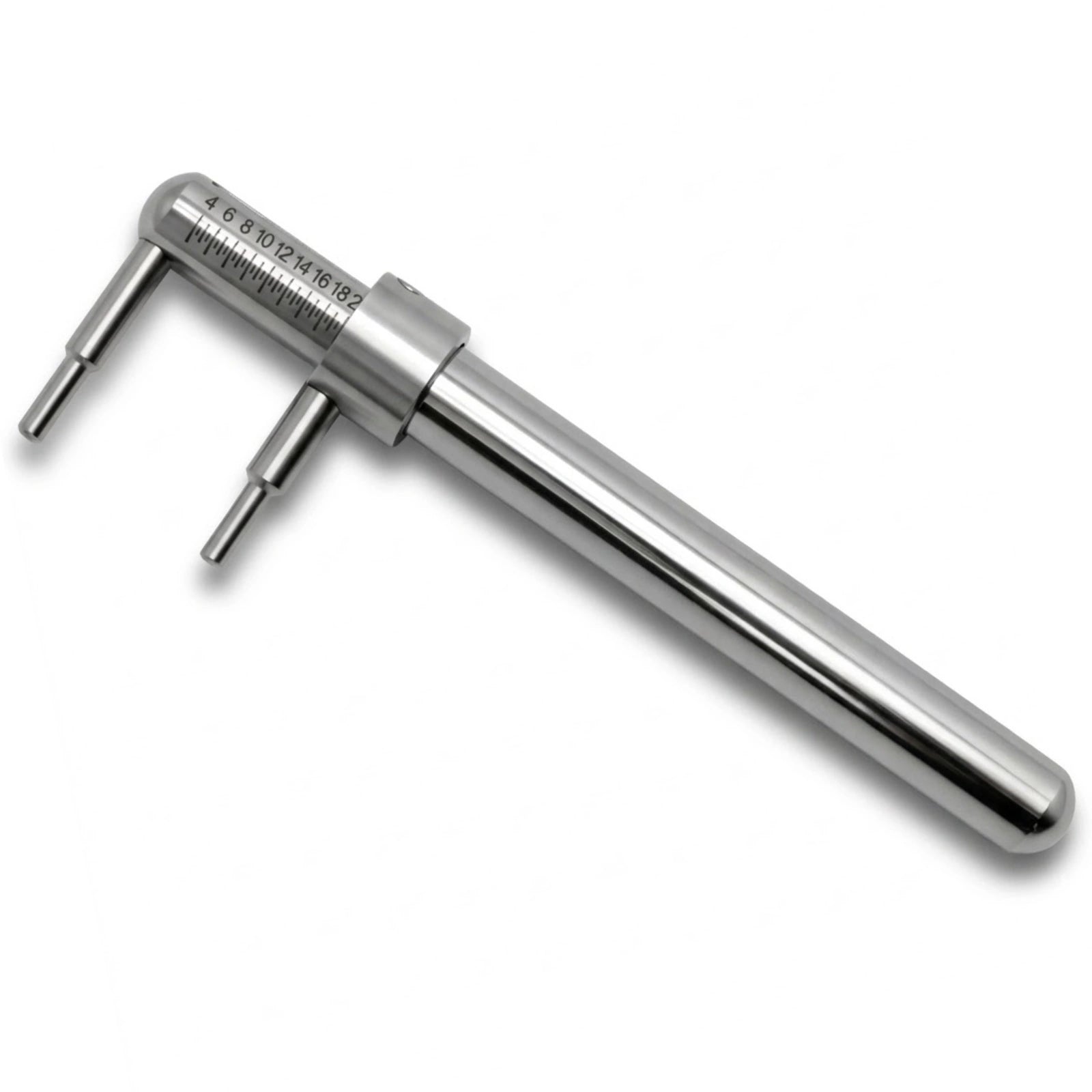 Piercímetro profissional em Aço Inox 316L para body piercing, visto por inteiro em fundo branco