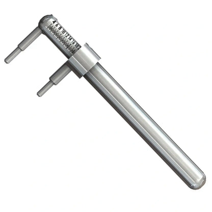 Piercímetro marcador corporal aberto mostrando estrutura em aço inoxidável e escala de medição