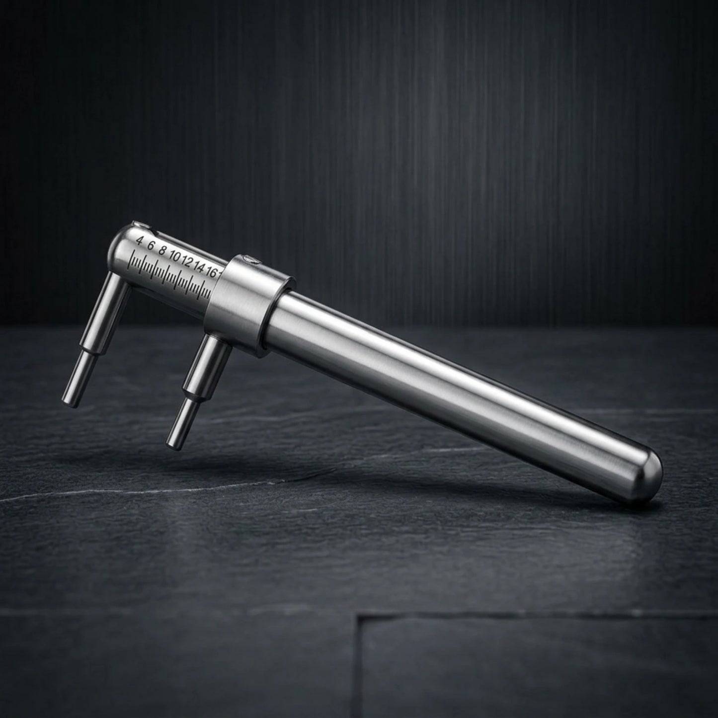 Piercímetro em Aço Inox 316L sobre superfície escura, com destaque para o acabamento profissional