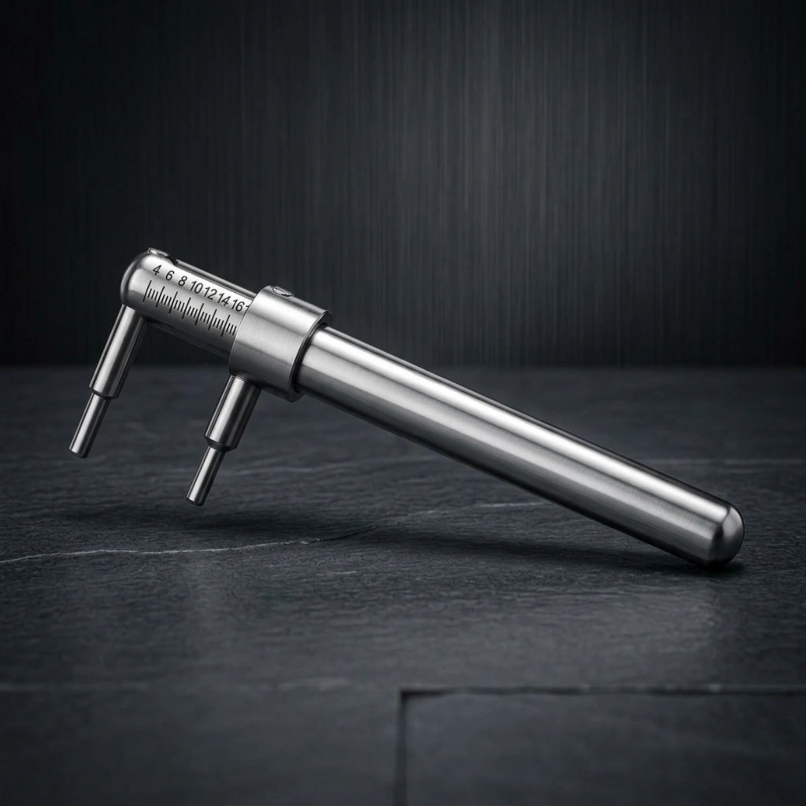 Piercímetro em Aço Inox 316L sobre superfície escura, com destaque para o acabamento profissional