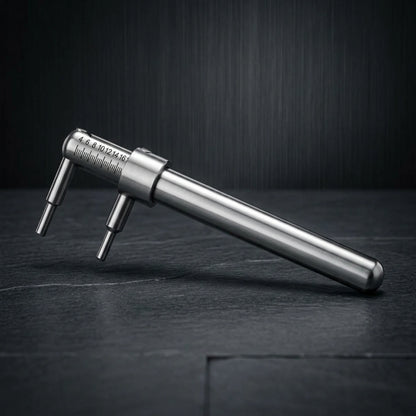 Piercímetro em Aço Inox 316L sobre superfície escura, com destaque para o acabamento profissional
