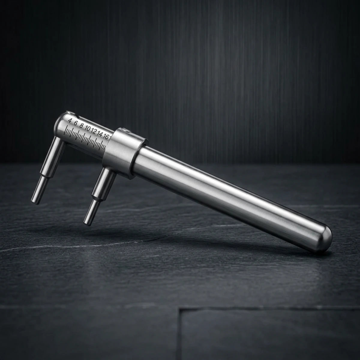Piercímetro em Aço Inox 316L sobre superfície escura, com destaque para o acabamento profissional