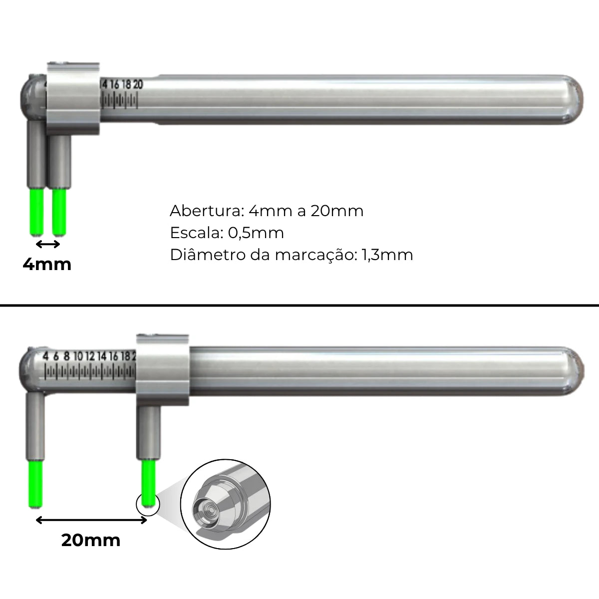 Infográfico do Piercímetro com escala de 0,5 mm e marcação esférica de 1,3 mm de diâmetro