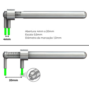Infográfico do Piercímetro com escala de 0,5 mm e marcação esférica de 1,3 mm de diâmetro