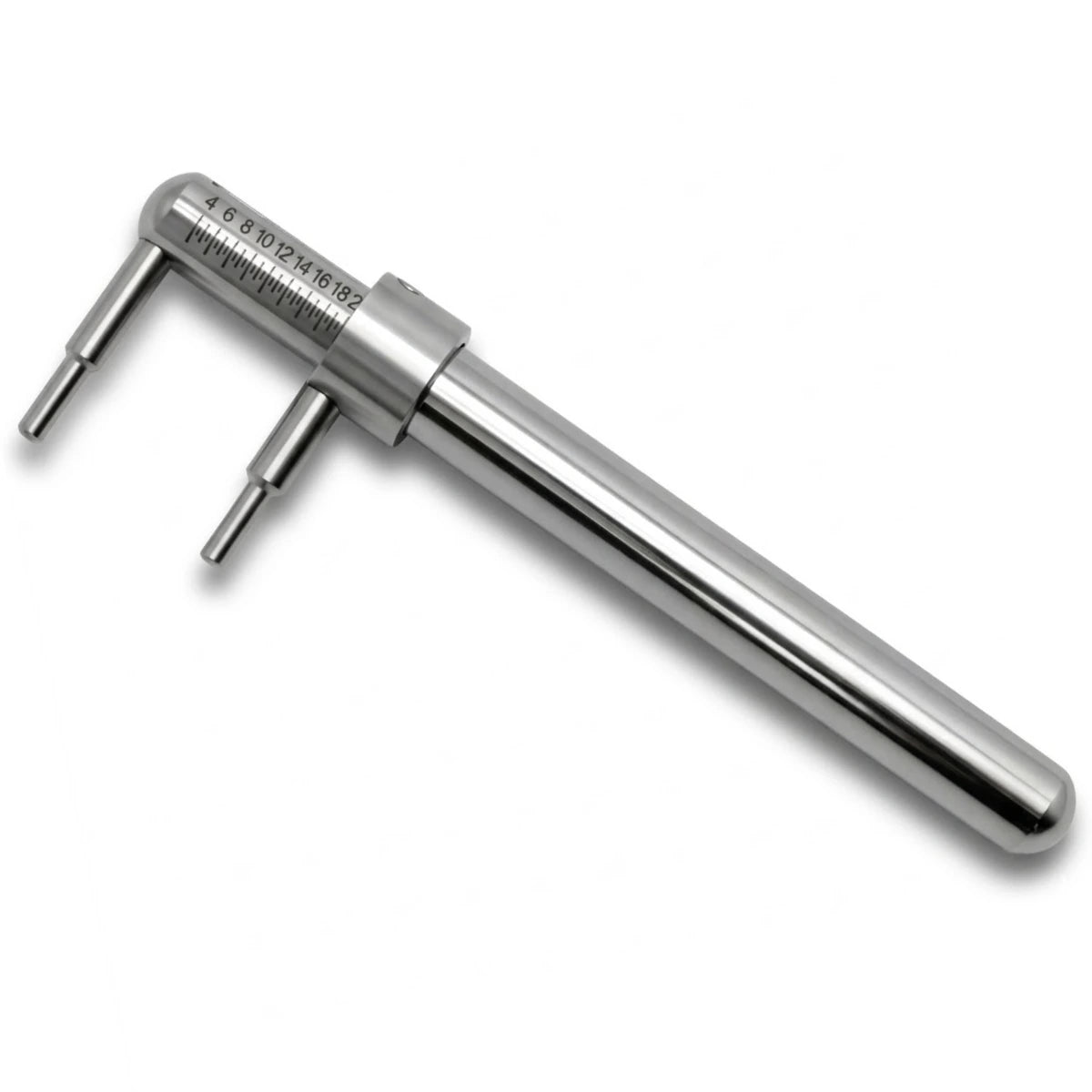 Piercímetro profissional em Aço Inox 316L para body piercing, visto por inteiro em fundo branco