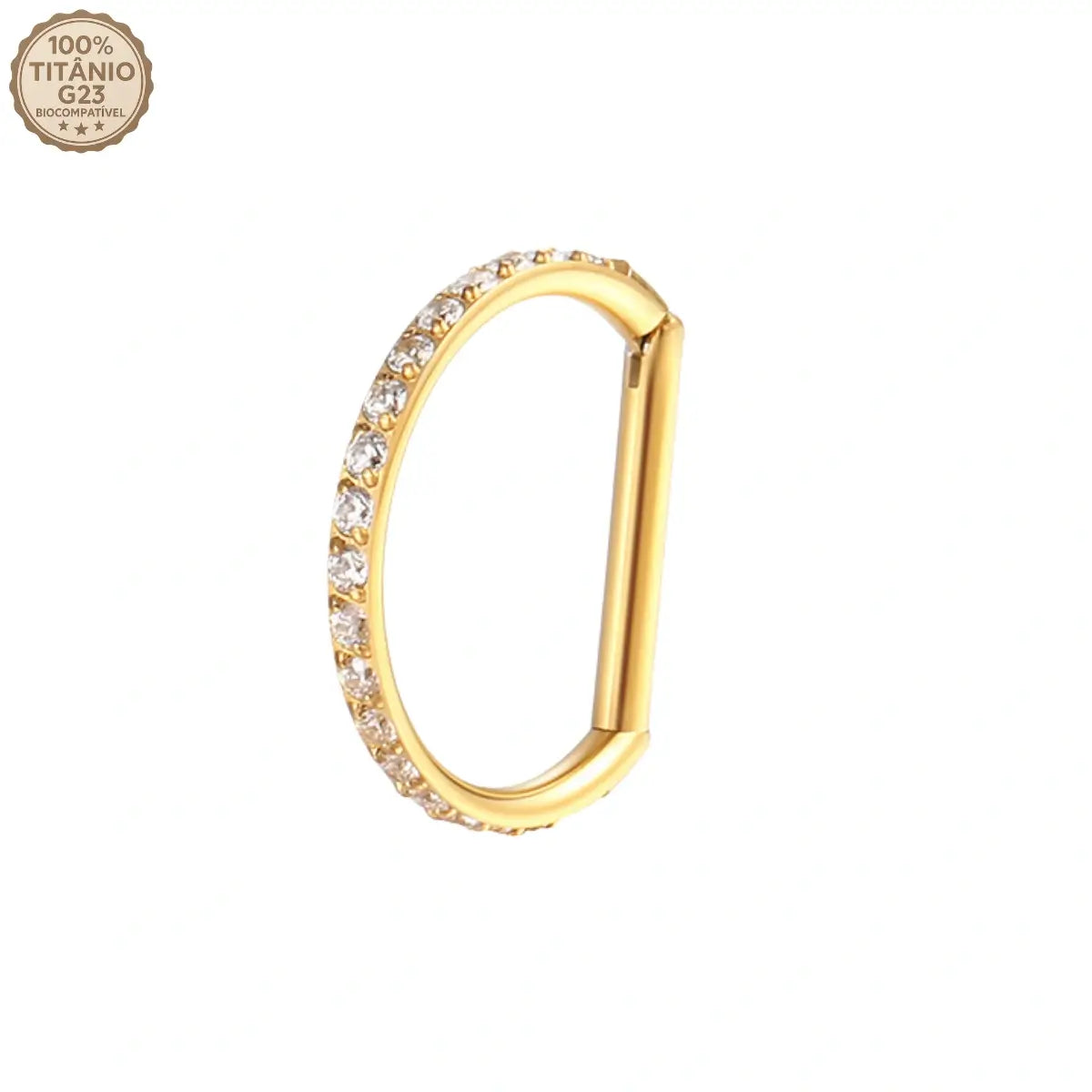 Piercing argola reta de titânio dourada com zircônias - vista em detalhe
