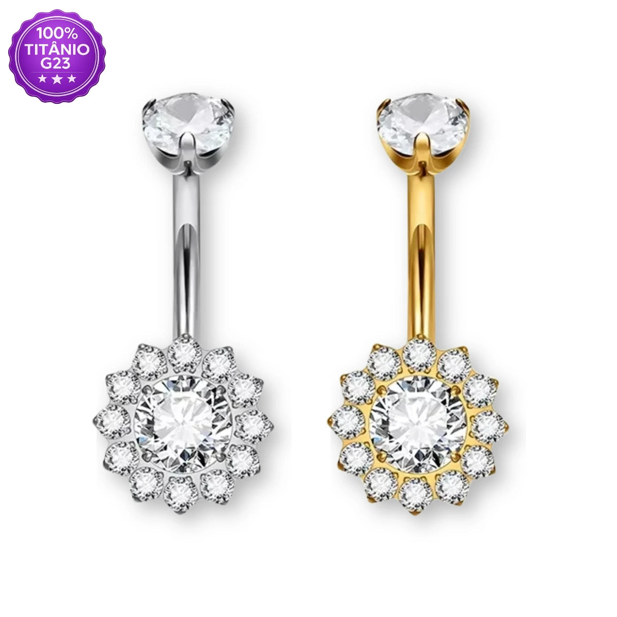 Piercing Banana Bell de Titânio G23 Flor Cravejada em Zircônia