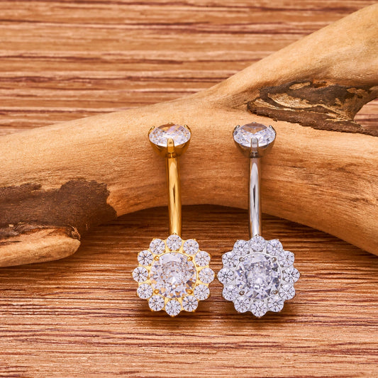 Piercing Banana Bell de Titânio G23 Flor Cravejada em Zircônia