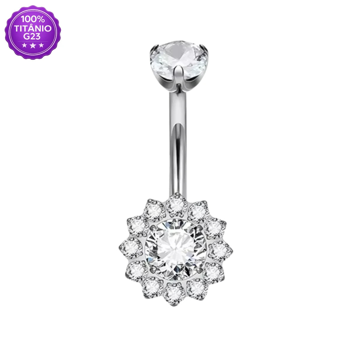 Piercing Banana Bell de Titânio G23 Flor Cravejada em Zircônia