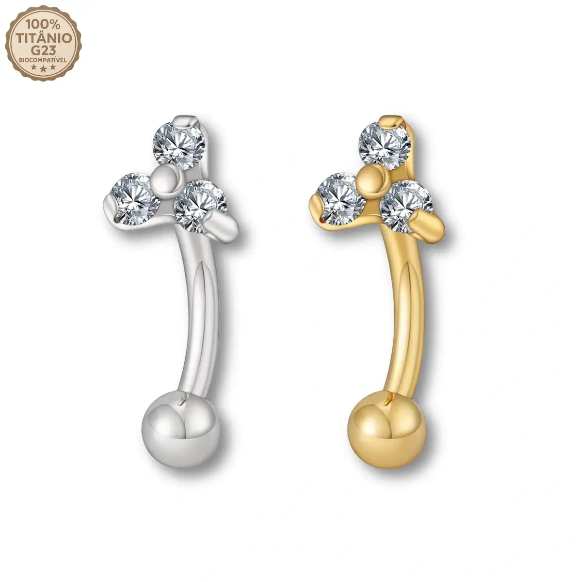 Piercing curvo estilo banana de titânio G23 prateado e dourado com 3 zircônias cravadas sobre fundo branco