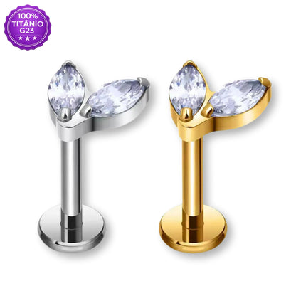 Piercing Labret de Titânio G23 com 2 Pedras Navete Marquise em Zircônia