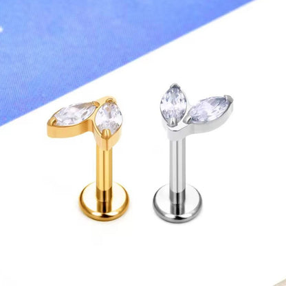 Piercing Labret de Titânio G23 com 2 Pedras Navete Marquise em Zircônia