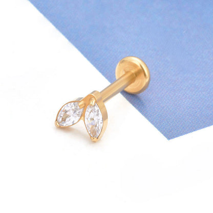 Piercing Labret de Titânio G23 com 2 Pedras Navete Marquise em Zircônia