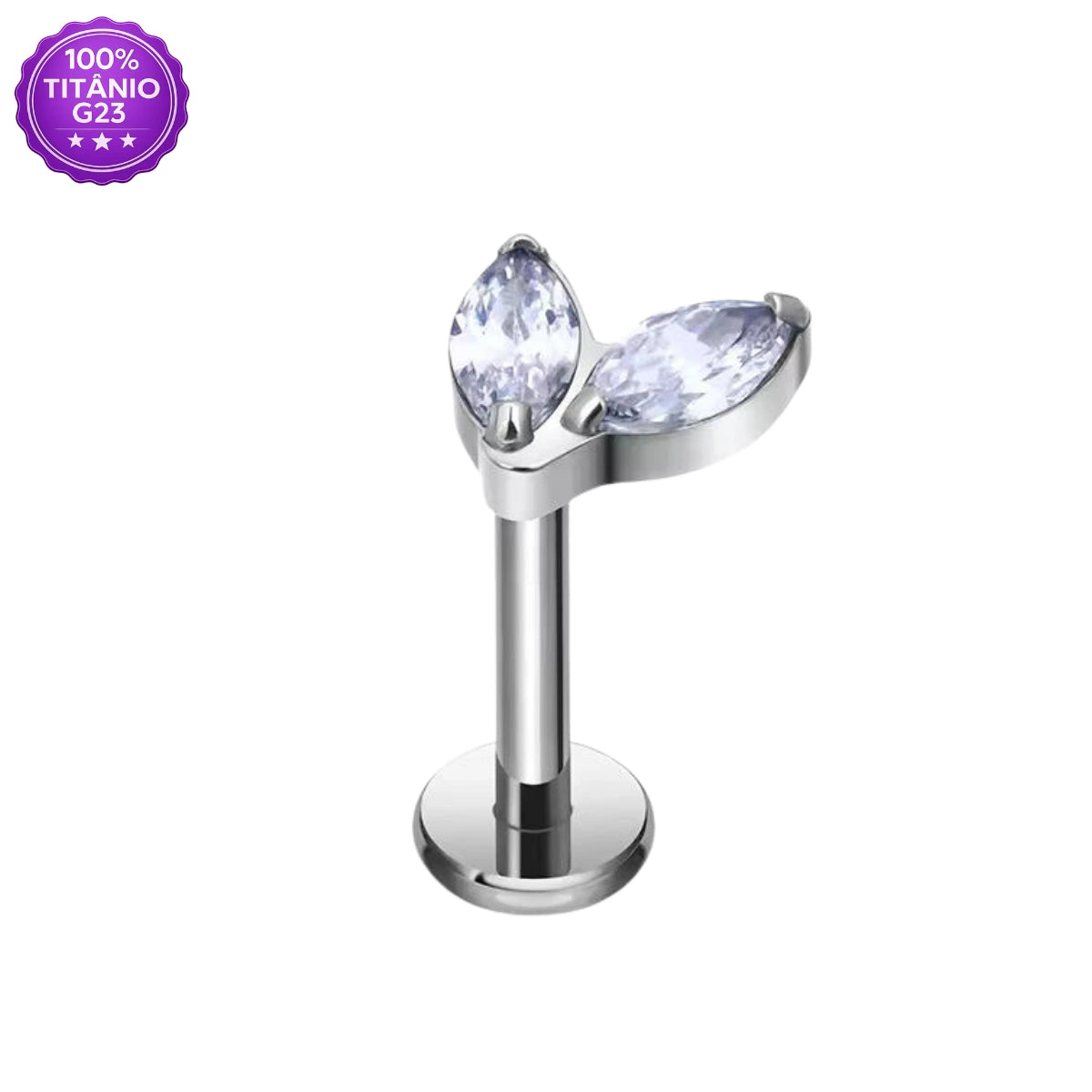 Piercing Labret de Titânio G23 com 2 Pedras Navete Marquise em Zircônia