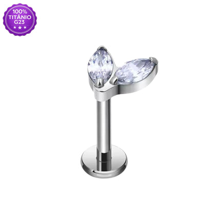 Piercing Labret de Titânio G23 com 2 Pedras Navete Marquise em Zircônia