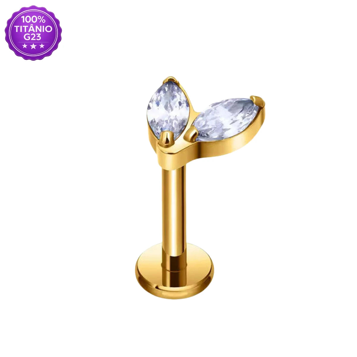 Piercing Labret de Titânio G23 com 2 Pedras Navete Marquise em Zircônia