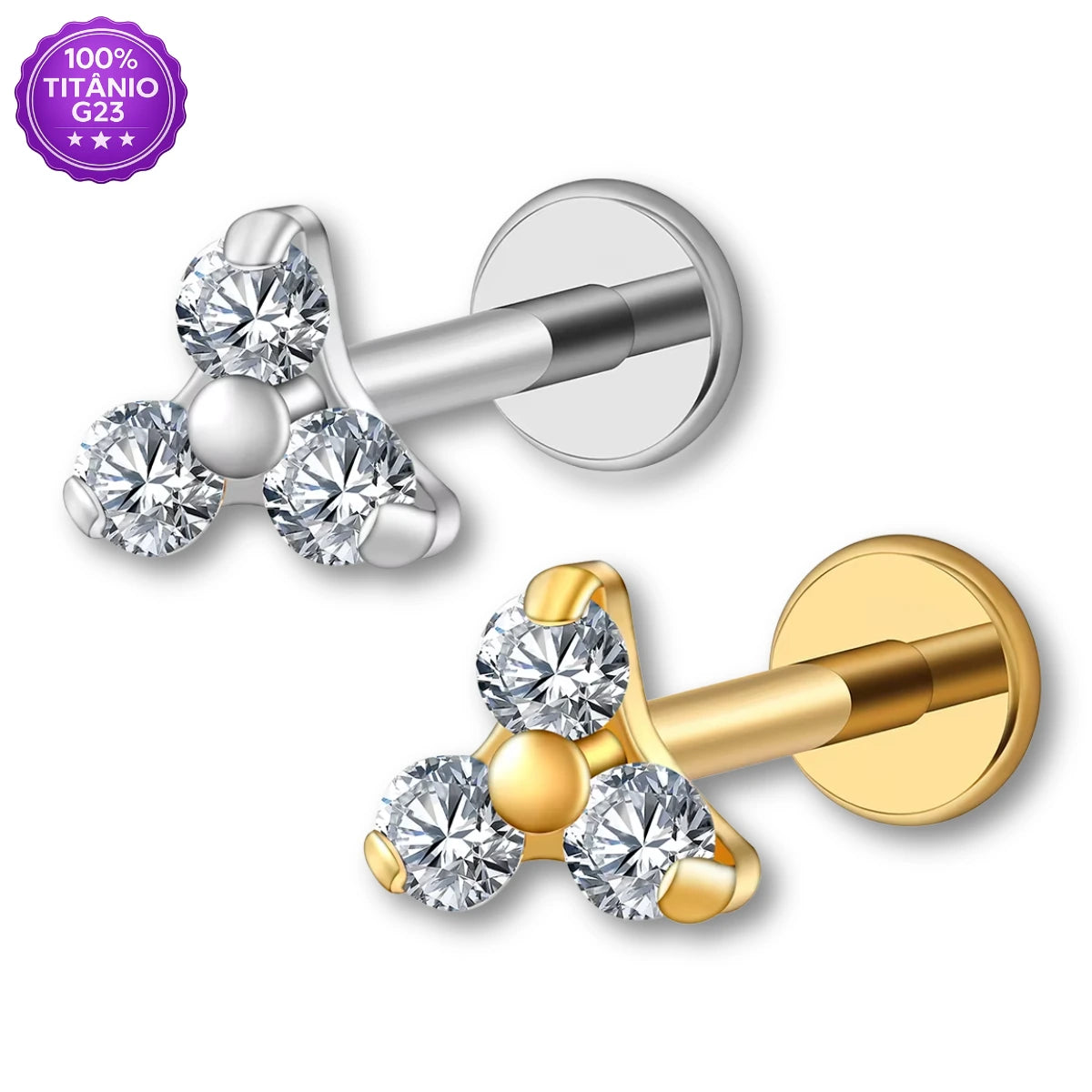 Piercing Labret de Titânio G23 com 3 Pontos de Zircônia