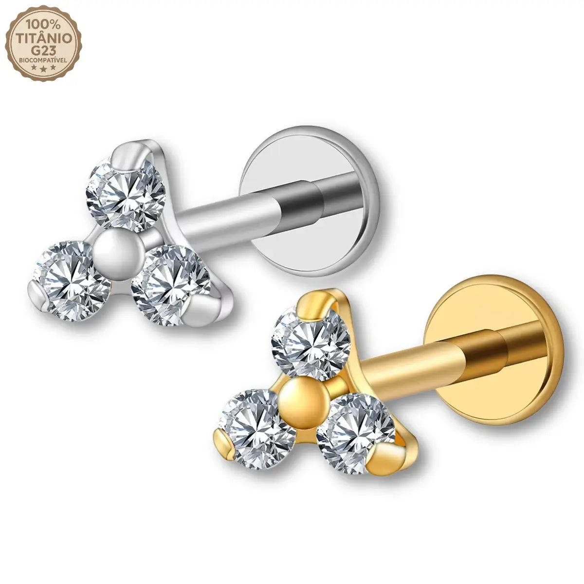 Piercing Labret de Titânio G23 com 3 Pontos de Zircônia