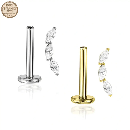 Piercing Labret de Titânio com 3 Zircônias Curvadas