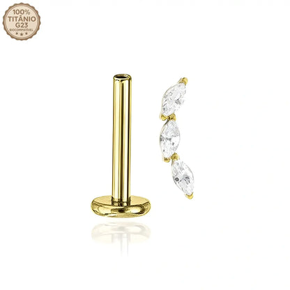 Piercing Labret de Titânio com 3 Zircônias Curvadas