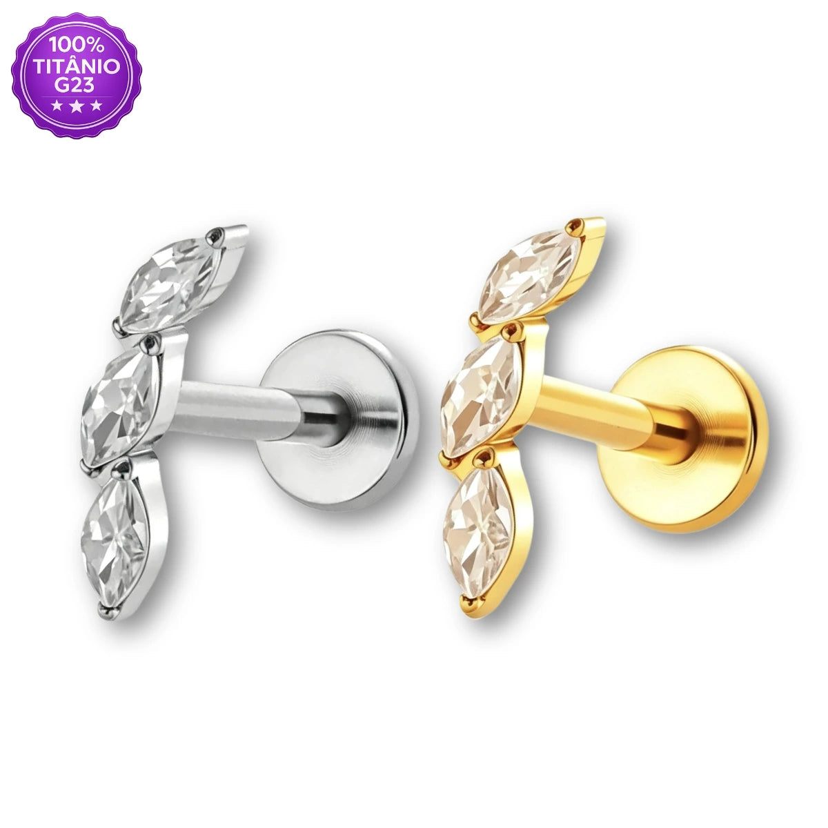 Piercing Labret de Titânio com 3 Zircônias Curvadas