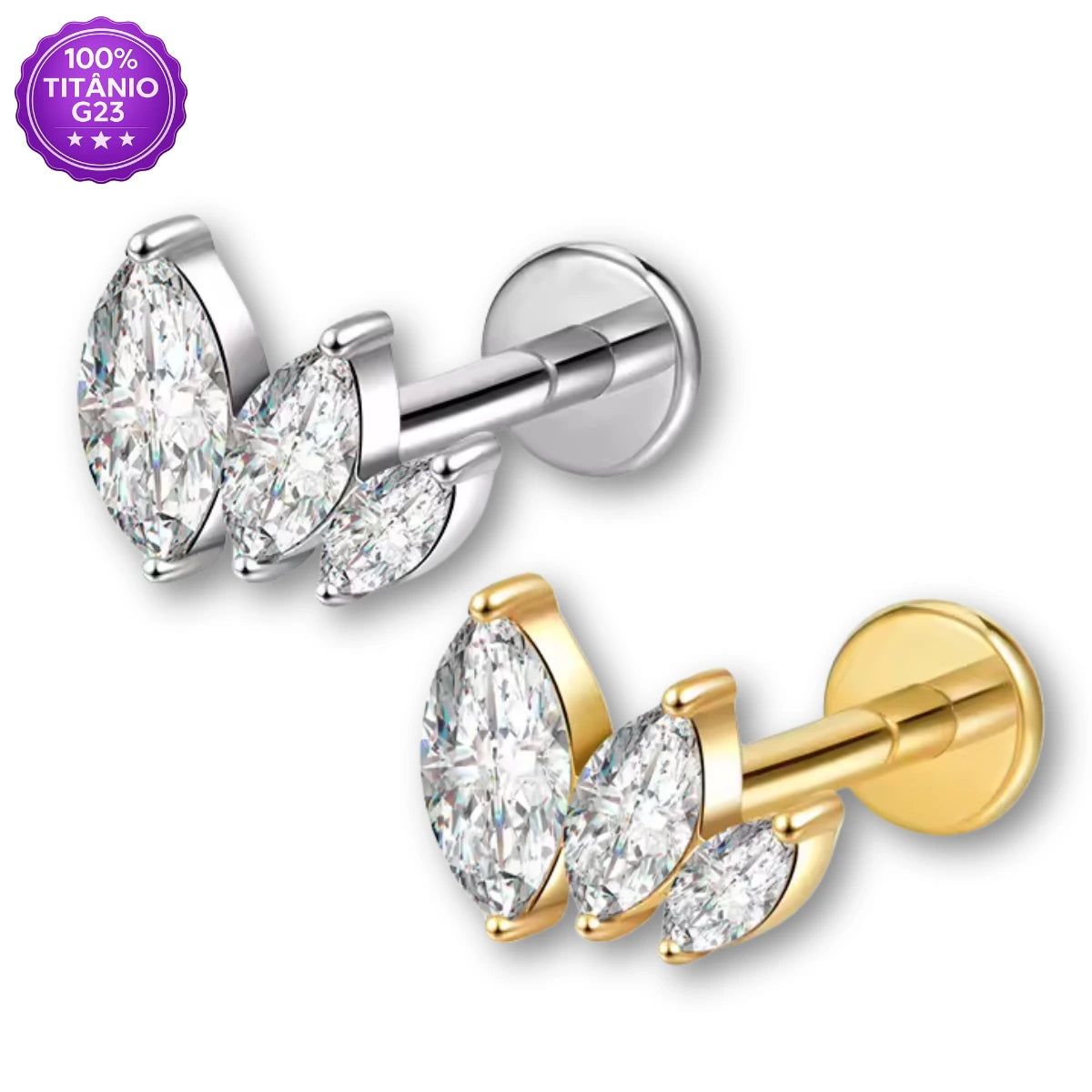 Piercing Labret de Titânio com 3 Zircônias