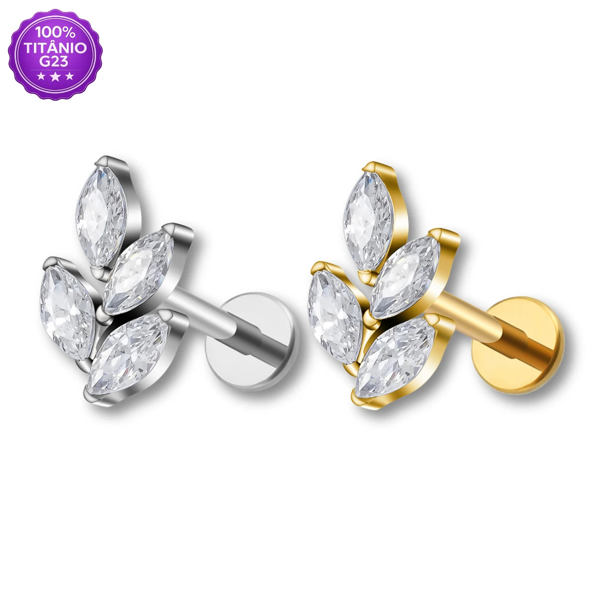 Piercing Labret em Titânio G23 Ramo com 4 Folhas de Zircônia