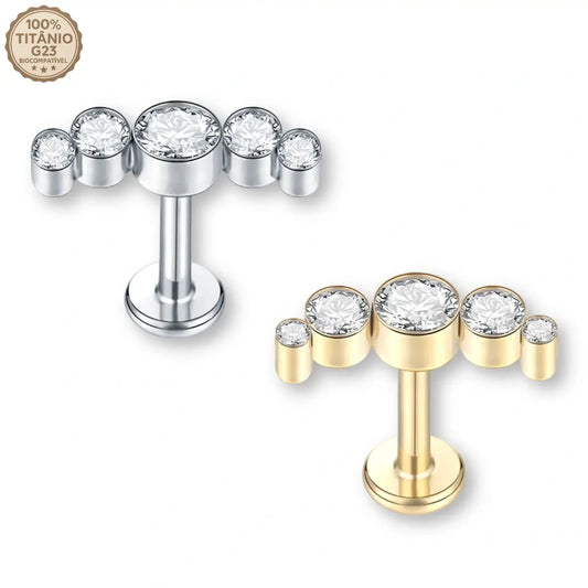 Piercing Labret de Titânio Cluster Curvo com 5 Zircônias Redondas