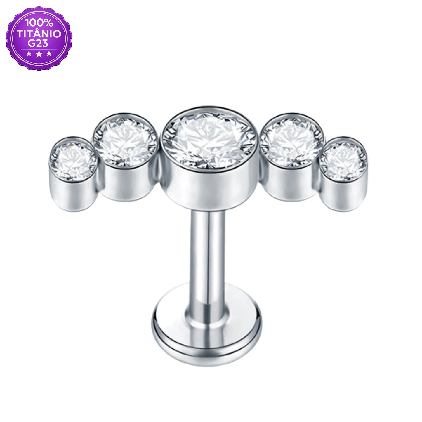 Piercing Labret de Titânio Cluster Curvo com 5 Zircônias Redondas